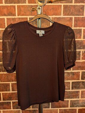 CECE Black Swiss Dot Puff Sleeve Mixed Media Top XS